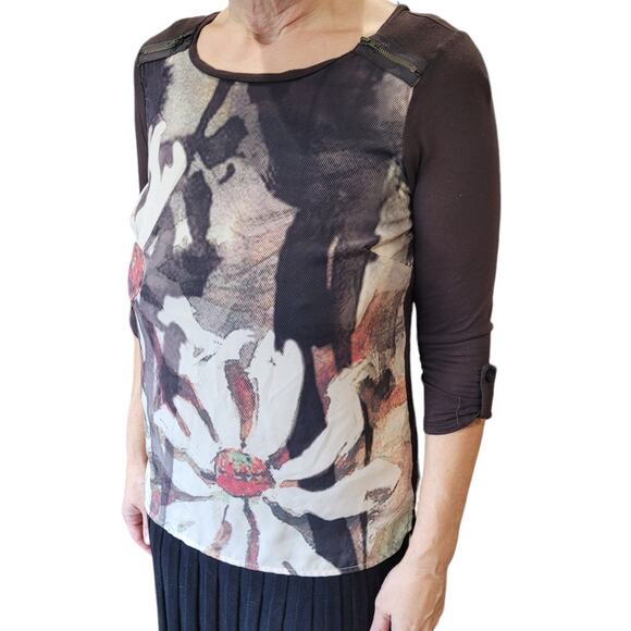 Monteau LA Sheer Art Floral Top M Mixed Media Zipper Shoulder Blouse Mallcore - Picture 2 of 9